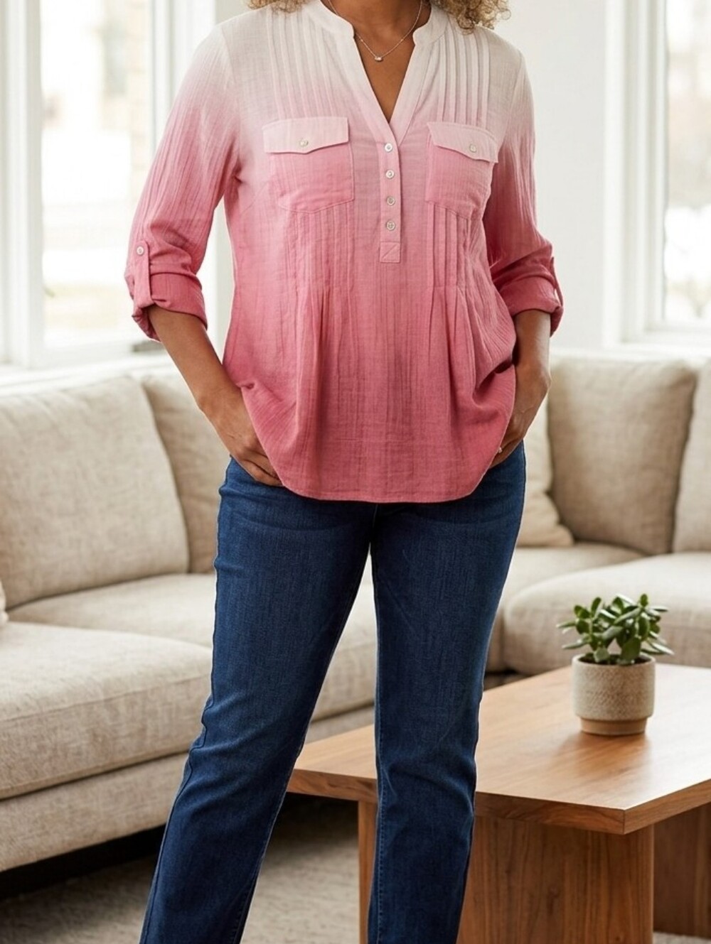 ​Zac & Rachel Pink Ombré Pleated Quarter-Button Roll-Tab Tunic Blouse - Size Lg